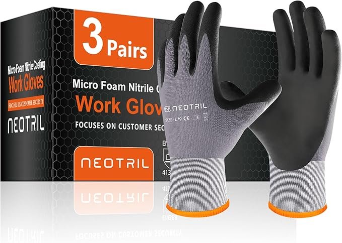 Safety Work Gloves MicroFoam Nitrile Coated-3 Pairs,Breathable Nylon Working Gloves for Men Women