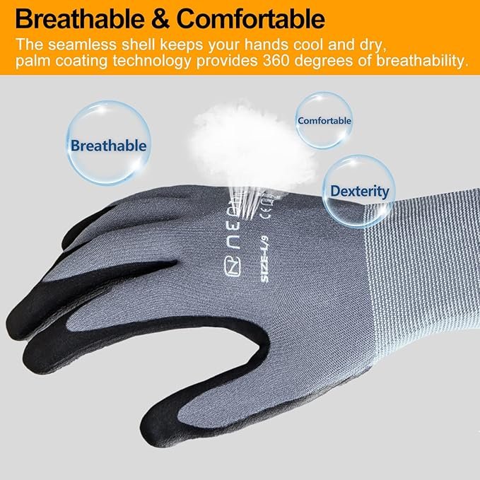 Safety Work Gloves MicroFoam Nitrile Coated-3 Pairs,Breathable Nylon Working Gloves for Men Women - Image 3