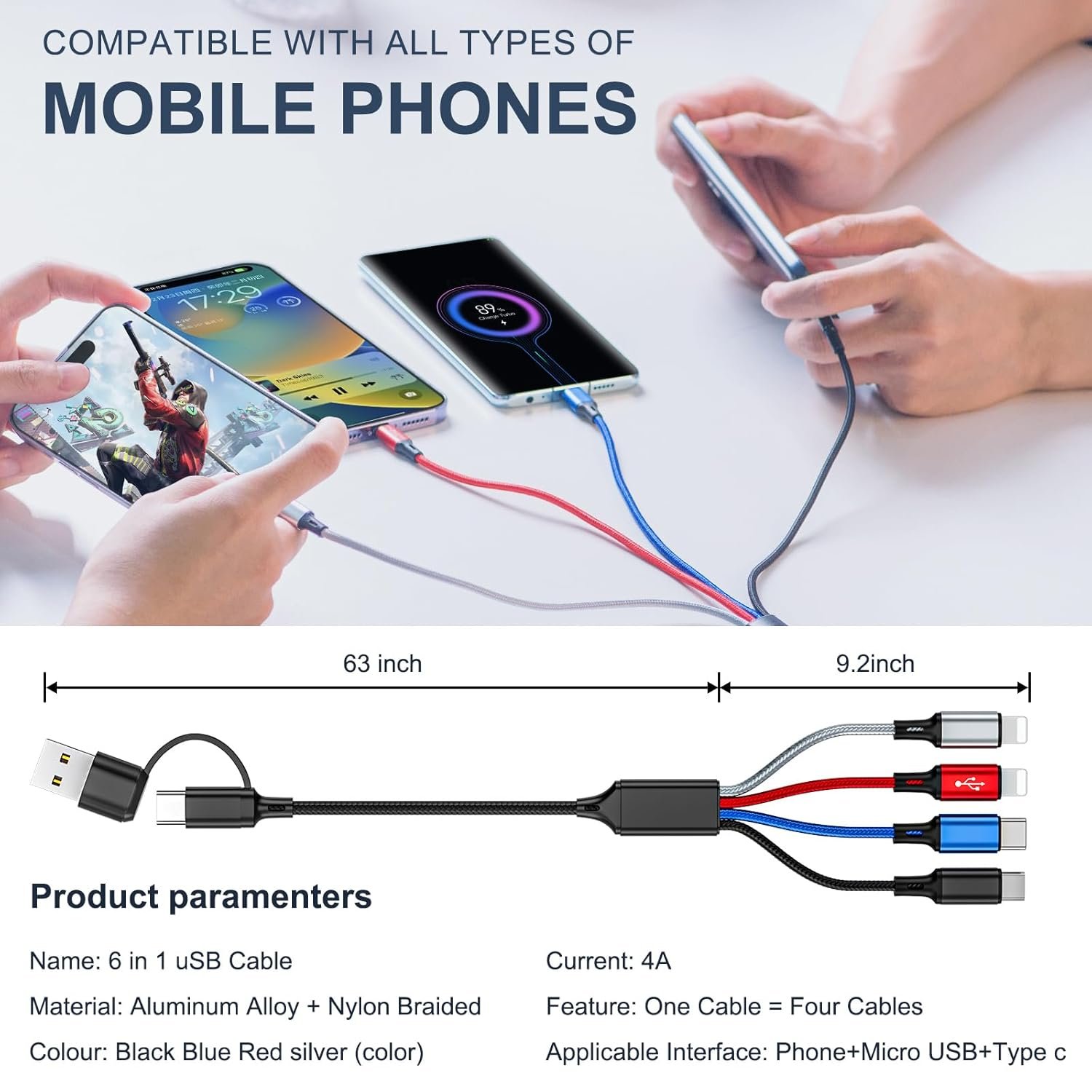 6 in 1 Multi Charging Cable 2Pack-6FT Multi USB Cable 3A Multi Charger Cable - Image 5